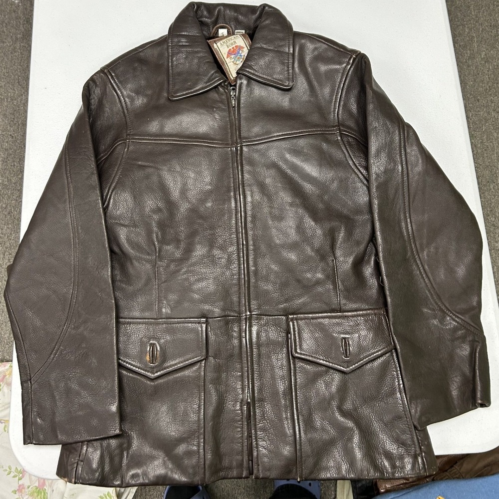 American Born Leather Jacket Mens S Brown Faux Fur Lined Heavyweight Zip Up